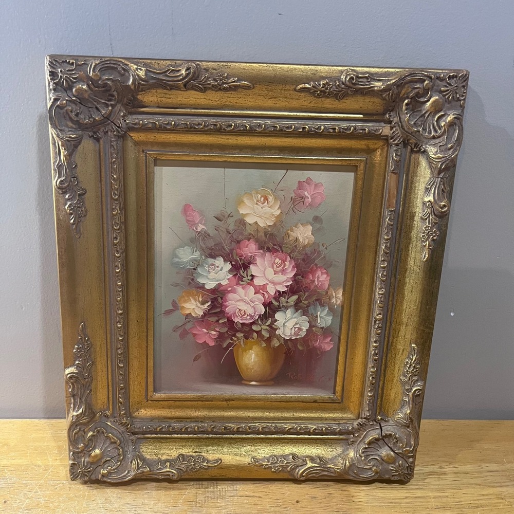 Vtg Robert Cox Floral Oil Painting Ornate Gold Wood Frame Roses Still Life 14x16